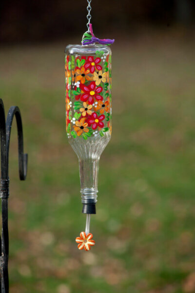 Hand painted Hummingbird feeder Cheerful flowers with flower spout