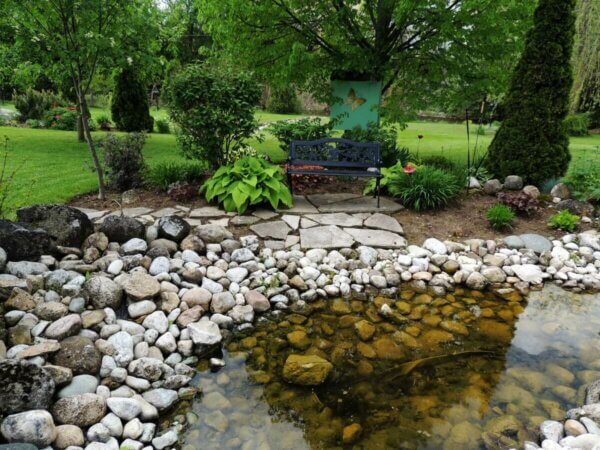 rock garden with a pond in the park
