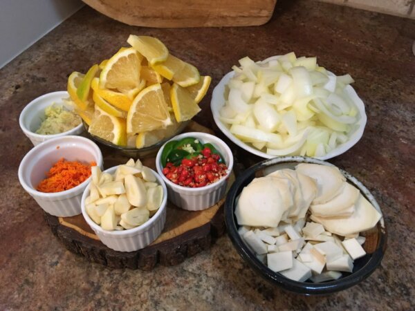 chopped lemons, onions, and peppers