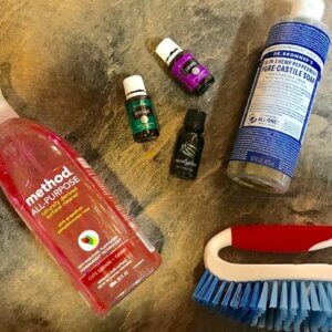 all purpose cleaner, essential oils, dr bronners, scruber