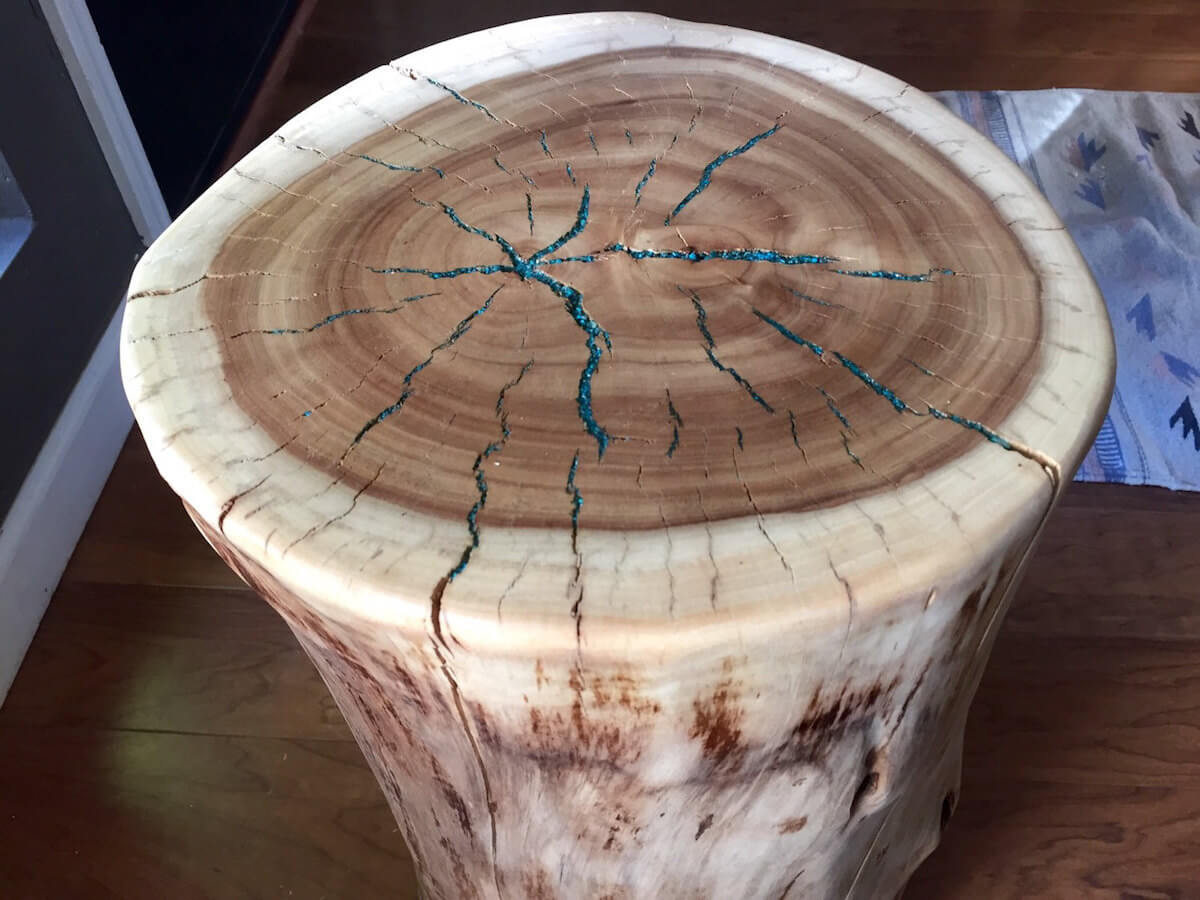 Tree Stump Table With Turquoise Inlay