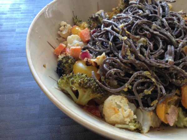 Black bean noodles with roasted veggies