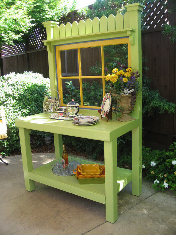 Green Potting Bench With Vintage Window