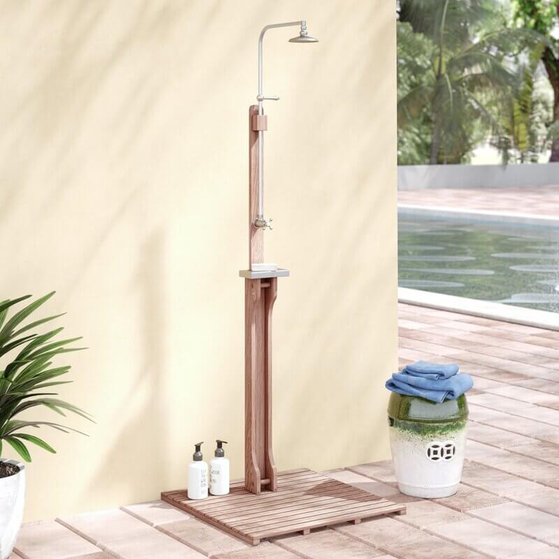 Outdoor Camping TOPINCN Freestanding Shower Stand Kit Stainless Steel Fixed Single Shower Head with Sturdy Wood Shampoo Rack and Foot Pad for Garden Swimming Pool 