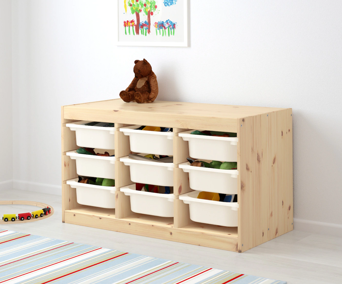 Soild Wood,Childrens Storage Cabinet with 9 Plastic Bins and 1 Cloth Storage Box MALLBOO 4-Tier Kids Toy Storage Organizer Shelf